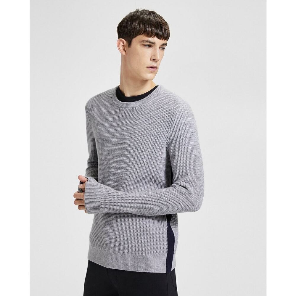 Theory Side Striped Merino Wool Knit Sweater Men’s Size XL Gray Black Classic